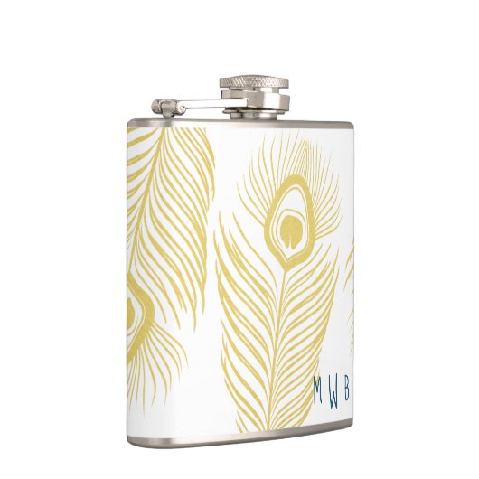 Elegante Gold Peacock Feathers Monogram Flask Flachmann (Rechts)