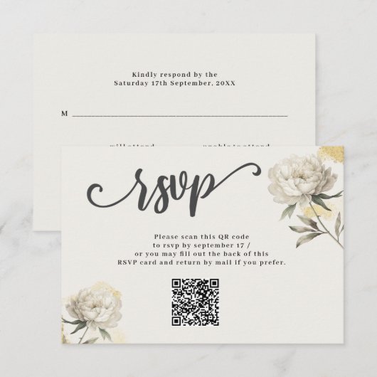 Elegante Gold Peony QR Code Wedding RSVP Card Karte (Vorne/Hinten)