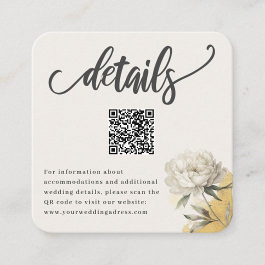 Elegante Gold Peony QR Wedding Details Begleitkarte (Vorderseite)