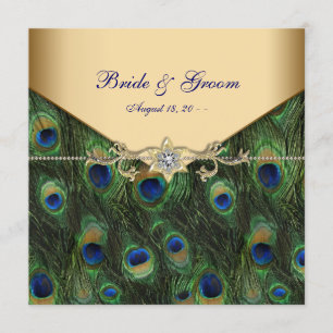 Elegante Gold-Pfau-Hochzeit Einladung