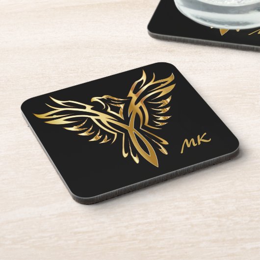 Elegante Gold Phoenix Mit Monogramm aufsteigen Getränkeuntersetzer (Linke Seite)