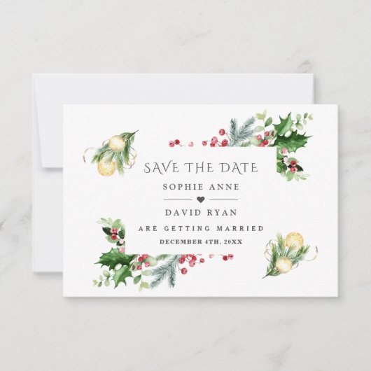 Elegante Gold Pine Berry Weihnachtsbälle Hochzeit Save The Date (Vorderseite)