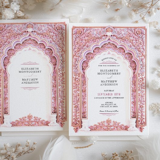 Elegante Gold & Pink Filigree Hochzeit Einladung