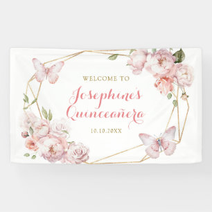 Elegante Gold Pink Floral Girl Quinceañera Grosses Banner