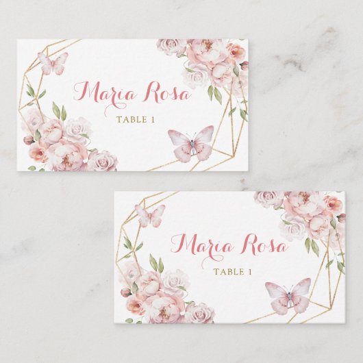 Elegante Gold Pink Floral Girl Quinceñera Platzkarte (Vorne/Hinten)