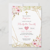 Elegante Gold Pink Floral Girl Taufe Einladung (Vorderseite)