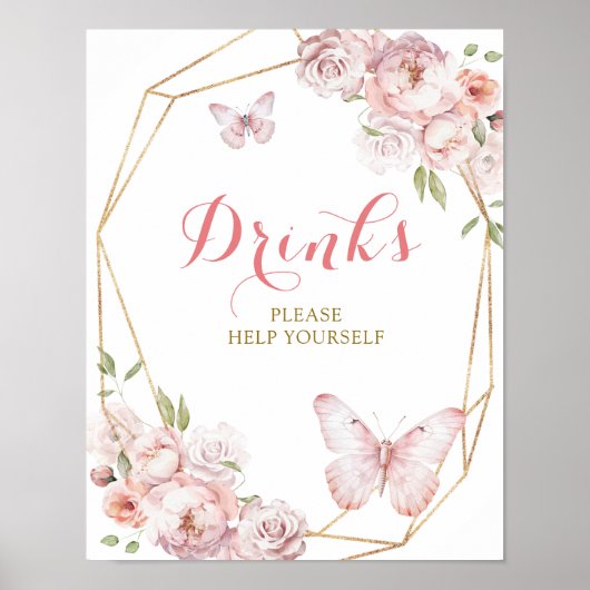 Elegante Gold Pink Floral Mis Quince Drinks Poster (Vorne)