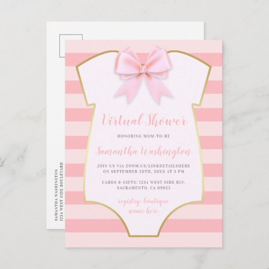 Elegante Gold & Pink Streifen Bow Virtual Shower Einladungspostkarte (Vorne/Hinten)