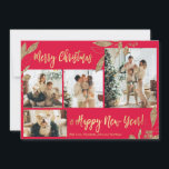 Elegante Gold Red 4 Foto Collage Weihnachtskarte<br><div class="desc">Elegante, moderne Botanische Blätter aus Gold und Rot 4 FotoCollage Frohe Weihnachtskarte. Dieses festliche, mimimalistische, skurrile vier (4) Foto-Urlaubskarte-Template verfügt über eine hübsche Foto-Collage, Imitate Gold-Folie botanische Blätter, Winterbeeren und sagt Frohe Weihnachten und Glück Neues Jahr! Der Grußtext "Frohe Weihnachten und Glück im neuen Jahr" ist in einem handgeschriebenen Typografie-Schriftart...</div>