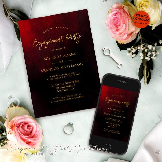 Elegante Gold Red and Black Engagement Party Einladung