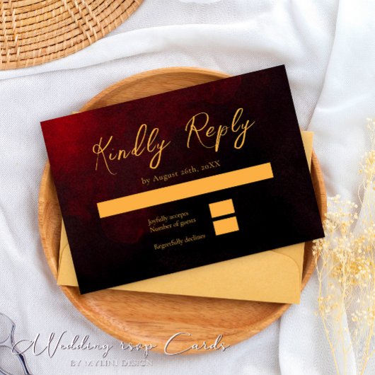 Elegante Gold Red and Black Wedding RSVP Card