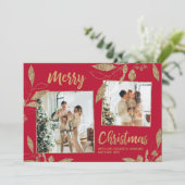 Elegante Gold Red Blätter 2 Foto Weihnachtskarte (Stehend Vorderseite)