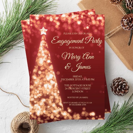 Elegante Gold & Red Christmas Engagement Party Einladung