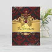 Elegante Gold Red Damask Quinceanera Einladung (Stehend Vorderseite)