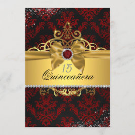 Elegante Gold Red Damask Quinceanera Einladung