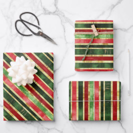 Elegante Gold Red Green Stripes Weihnachten Geschenkpapier Set