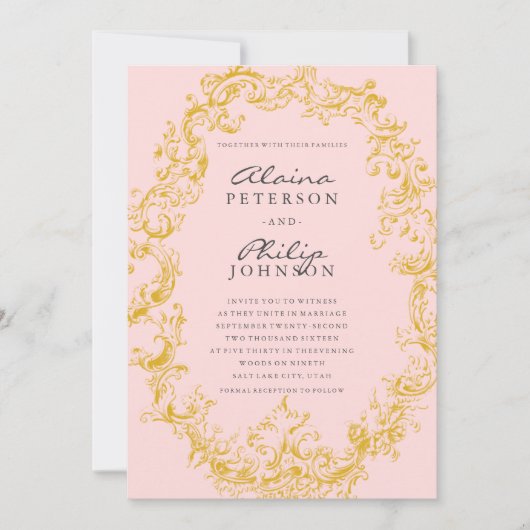 Elegante Gold & Rosa Rahmen Einladung zur Hochzeit (Vorderseite)