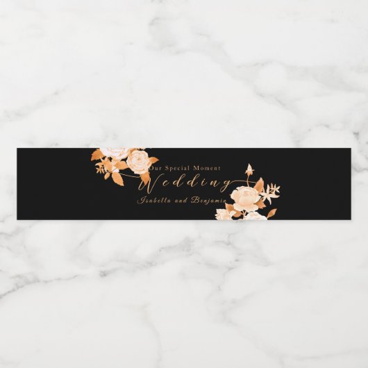 Elegante Gold Rose Black Wedding Wasserflaschenetikett (Einzelnes Label)