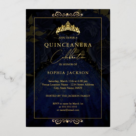 Elegante Gold Rose Dress Quinceanera Folieneinladung (Vorderseite)