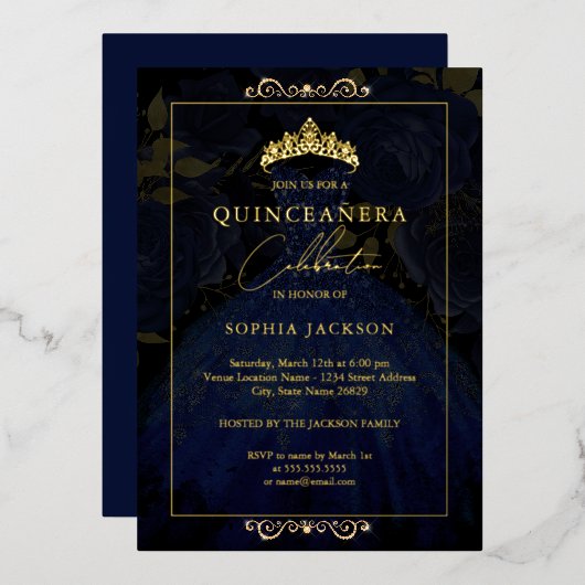 Elegante Gold Rose Dress Quinceanera Folieneinladung (Vorderseite/Rückseite)