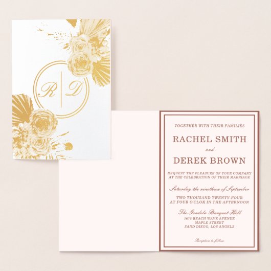 Elegante Gold Rose Monogram Wedding Real Folienkarte (Anzeige)