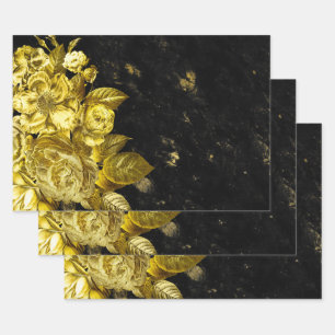 Elegante Gold-Rose und schwarzer Marmor Geschenkpapier Set
