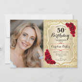 Elegante Gold Rote Rosen Foto 50. Geburtstag Einladung (Vorderseite)