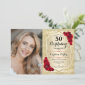 Elegante Gold Rote Rosen Foto 50. Geburtstag Einladung (Stehend Vorderseite)