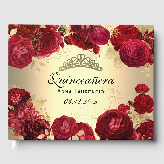 Elegante Gold Rote Rosen Quinceanera Custom Gästebuch (Vorderseite)