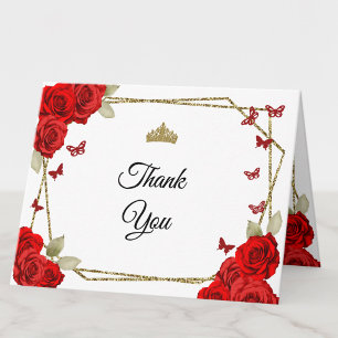 Elegante Gold-Rote Rosen Quinceanera Dankeskarten Dankeskarte