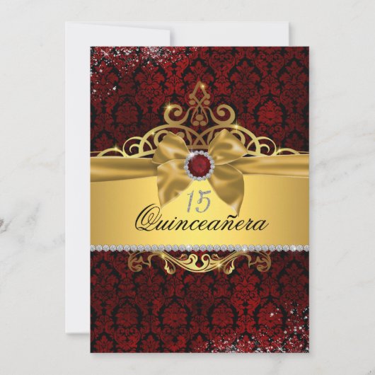 Elegante Gold Ruby Red Damask Quinceanera Einladun Einladung (Vorderseite)