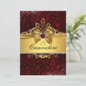 Elegante Gold Ruby Red Damask Quinceanera Einladun Einladung (Stehend Vorderseite)