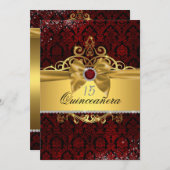 Elegante Gold Ruby Red Damask Quinceanera Einladun Einladung (Vorne/Hinten)