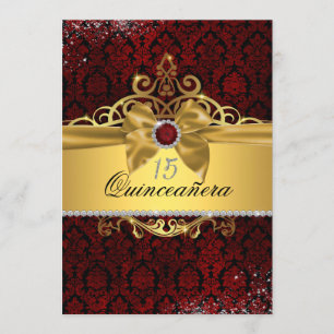 Elegante Gold Ruby Red Damask Quinceanera Einladun Einladung