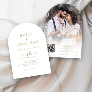 Elegante Gold Schrift Foto-Overlay QR Hochzeitsbog Einladung