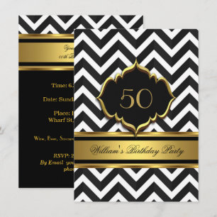 Elegante Gold-Schwarz-Weiß-Chevron-Geburtstagsfeie Einladung