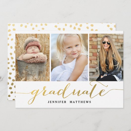 Elegante Gold Script 3 Foto Graduation Party Einladung (Vorne/Hinten)