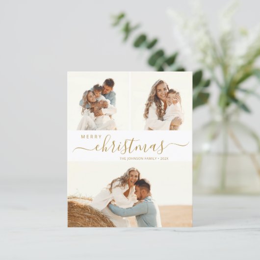 Elegante Gold Script 3 Foto Weihnachtskarte (Stehend Vorderseite)