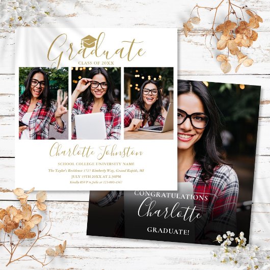 Elegante Gold Script 4 Foto Graduation Party Einladung