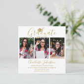 Elegante Gold Script 4 Foto Graduation Party Einladung (Stehend Vorderseite)