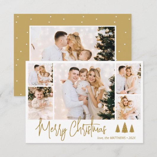 Elegante Gold Script 5 Foto Collage Weihnachtskart Einladung (Vorne/Hinten)