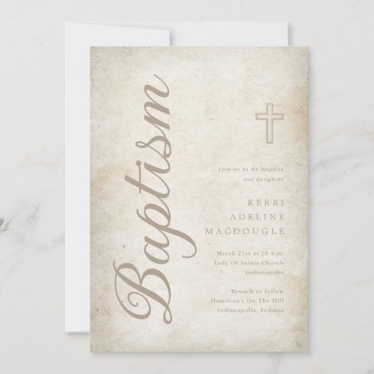 Elegante Gold Script Aged Pergament Taufe Einladung (Vorderseite)