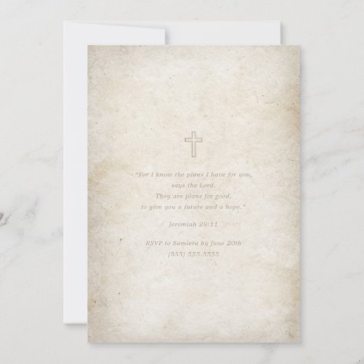 Elegante Gold Script Aged Pergament Taufe Einladung (Rückseite)