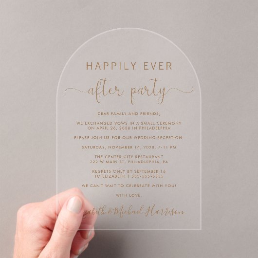 Elegante Gold Script Arch Wedding Reception Acryleinladungen (Insitu (Handheld))