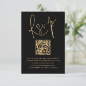 Elegante Gold Script Black QR Code Hochzeit RSVP Karte (Stehend Vorderseite)