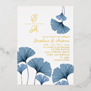 Elegante Gold Script Blue Leaf Hochzeitseinladung Folieneinladung