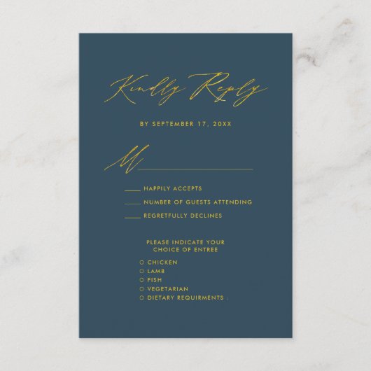 Elegante Gold Script Blue Minimalistisch Wedding R Begleitkarte (Vorderseite)