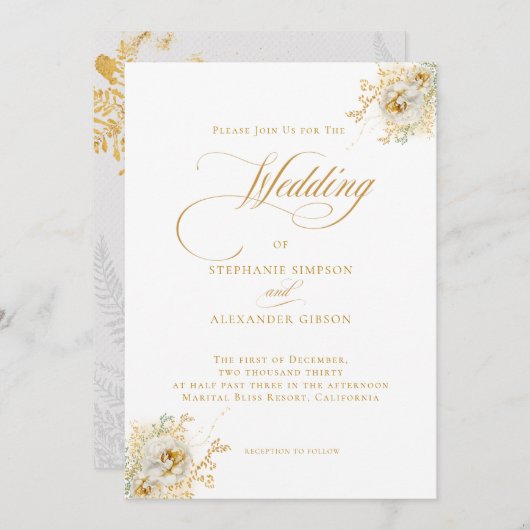 Elegante Gold Script Blues Hochzeitseinladung Einladung (Vorne/Hinten)