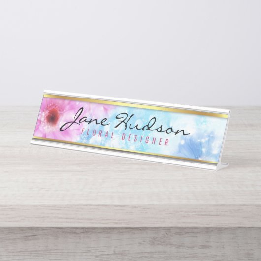Elegante Gold Script Blume Moderne Schreibtischnam Schreibtischnamensplakette (Vorderseite )