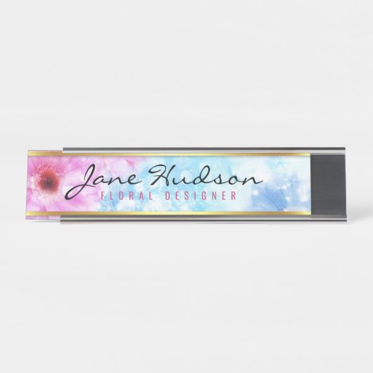 Elegante Gold Script Blume Moderne Schreibtischnam Schreibtischnamensplakette (Vorderseite )